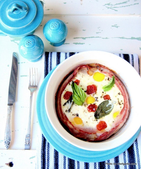 Gluten Free - Organic - Baked Eggs with Goat Cheese, Bacon Roasted Cherry Tomatoes &amp; Sage