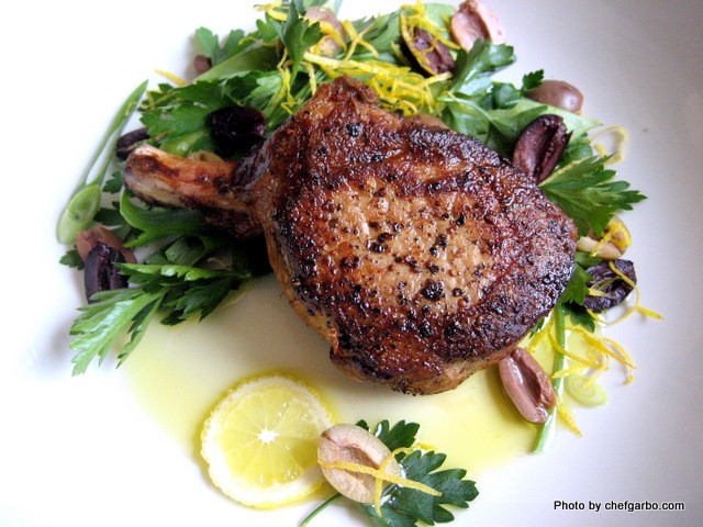Gluten Free - Organic - Grilled Pork Chop with Lemon, Olive and Parsley Salsa