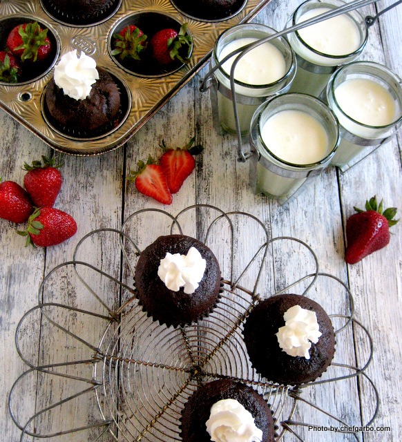 Gluten Free - Organic - Chocolate Cupcakes with Strawberries and Whipped Cream