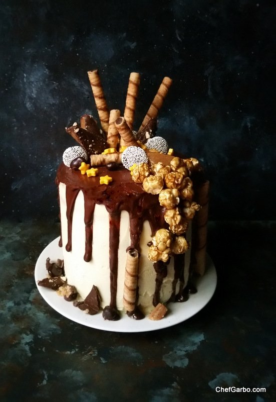 Chocolate Drip Cake with Candy & Popcorn