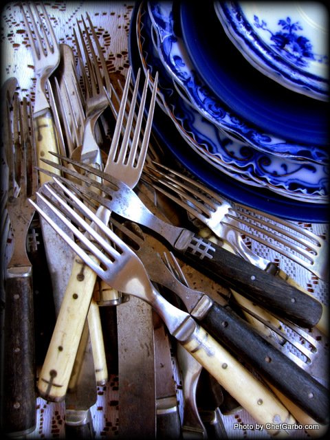 Vintage Kitchen Props - Civil War Era Forks  & Flow Blue China