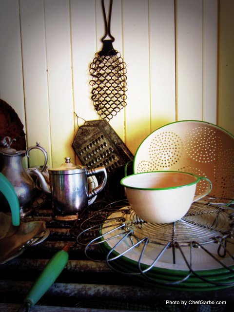 Vintage Kitchen Props - Enamelware Colander & Cups